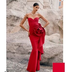 Chiara Boni Strapless Red Dress with Floral Detail